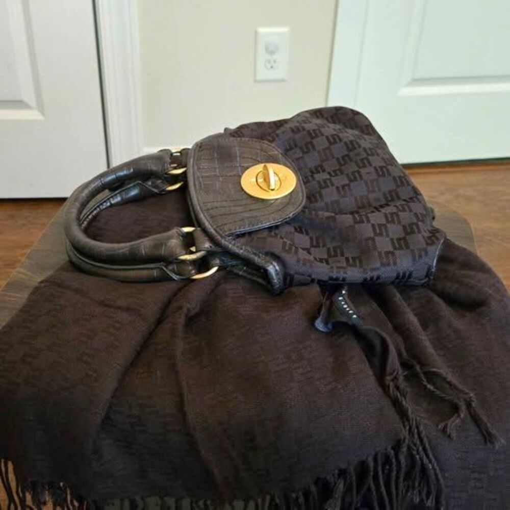 Vintage Sisley Brown Monogram Handbag & Scarf Set Y2K